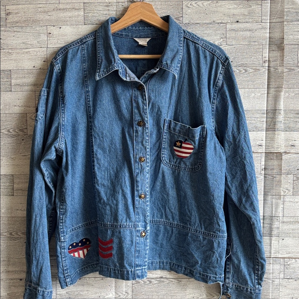 Jean Jacket USA‎ American Flag Y2K Women’s XL Christopher & Banks cottagecore